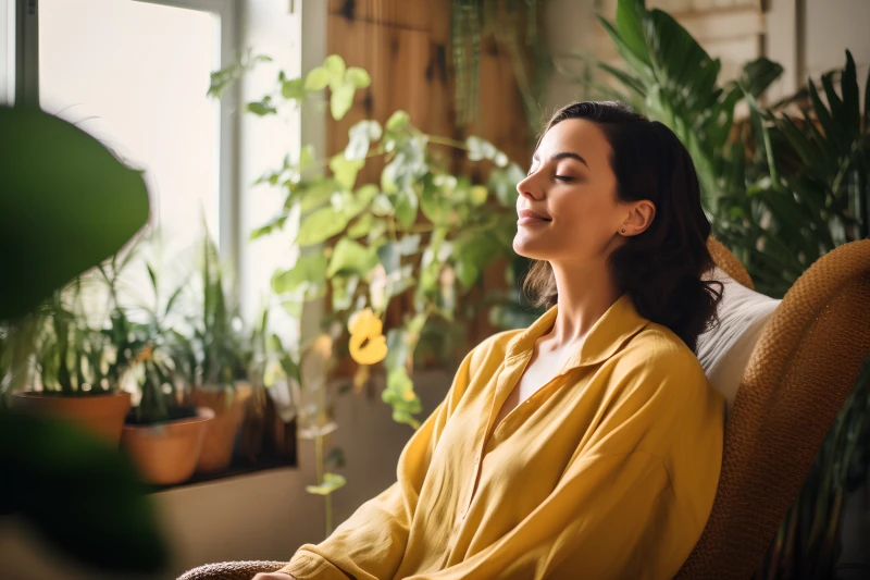 Frau entspannt im Sessel, umgeben von Zimmerpflanzen, genießt das natürliche Tageslicht.