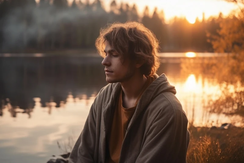 Junger Mann entspannt am Seeufer, Sonnenuntergang und Natur spiegeln sich im Wasser.