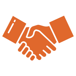 Zwei orangefarbene Hände geben sich zur Begrüßung einen symbolischen Handschlag.