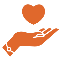 Eine orange Hand hält ein Herz als Symbol für Spenden und soziales Engagement.