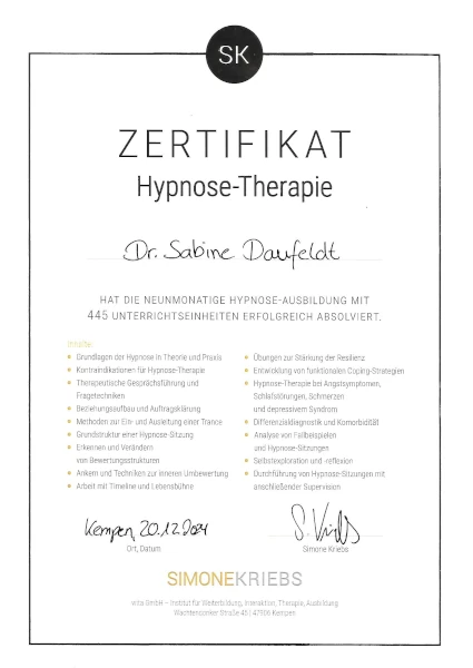 Zertifikat für erfolgreiche Hypnose-Therapie-Ausbildung mit vielfältigen Inhalten.
