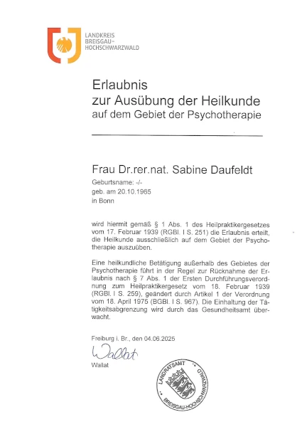 Erlaubnis zur Ausübung der Heilkunde für Psychotherapie im Landkreis Breisgau-Hochschwarzwald.